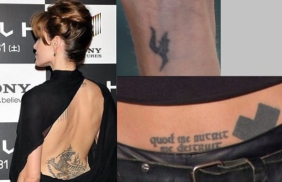 A picture of Angelina Jolie's four out of 16 tattoos. 